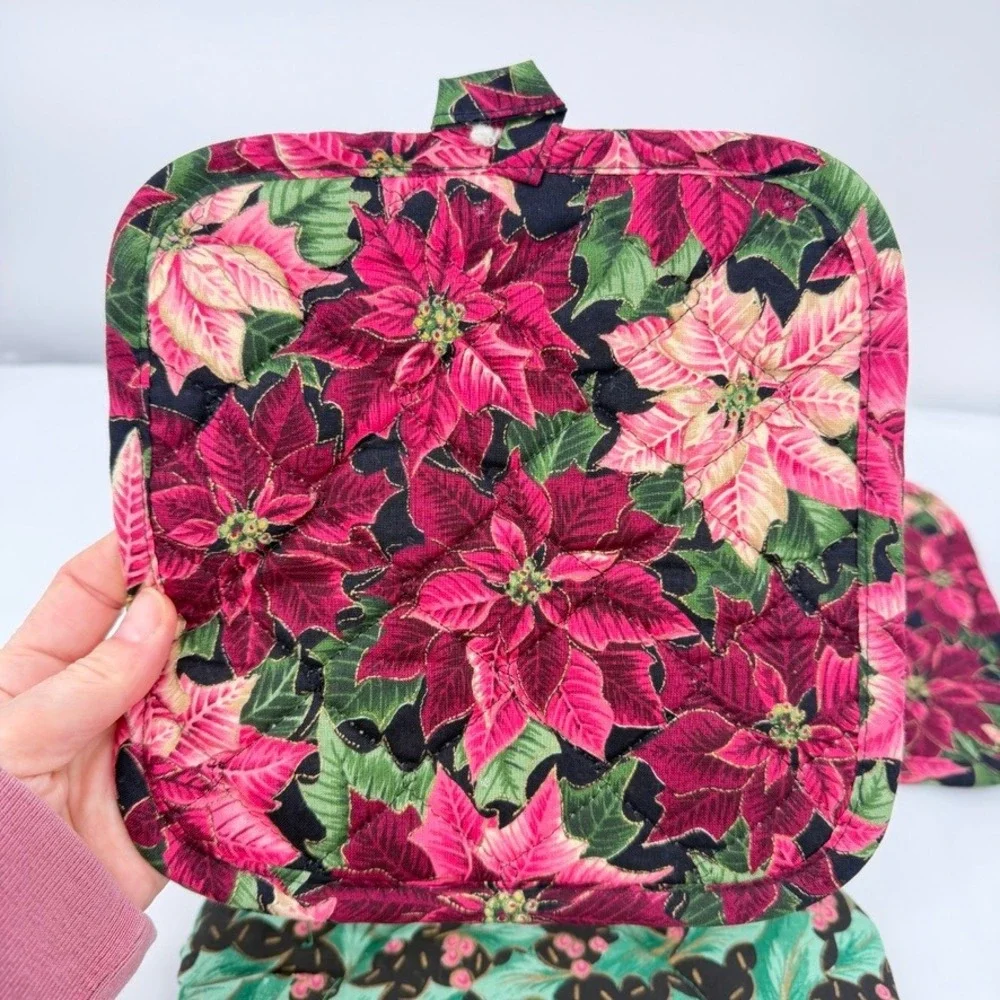 Poinsettia Cottage Country‎ Core Floral Pot Holder 3 Pc Christmas Kitchen Decor